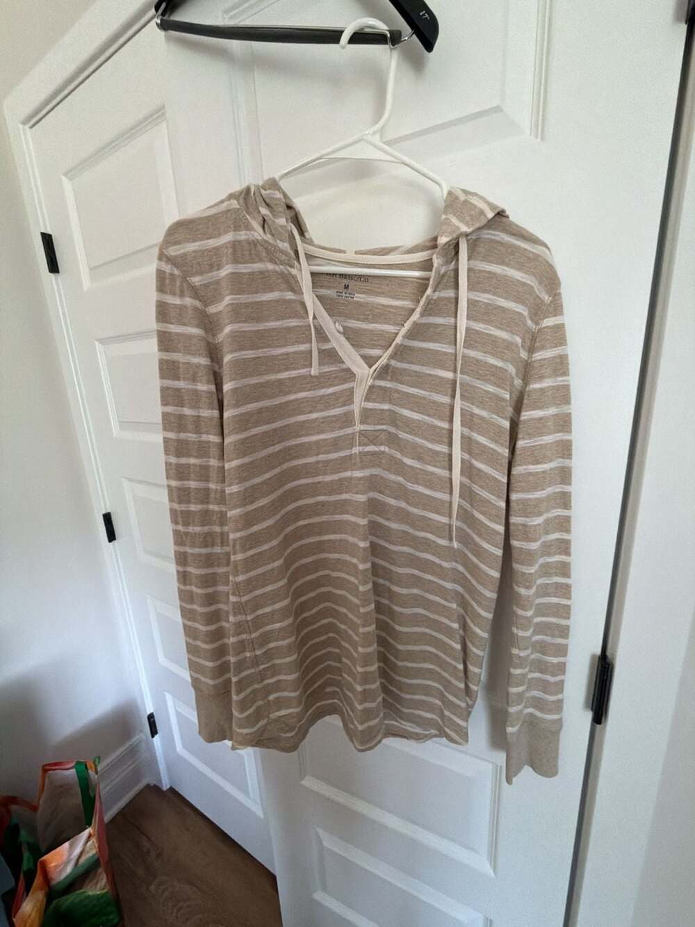 G.H. Bass & Co. Women's Tan and White Striped Long Sleeve Hooded Henley Pullover